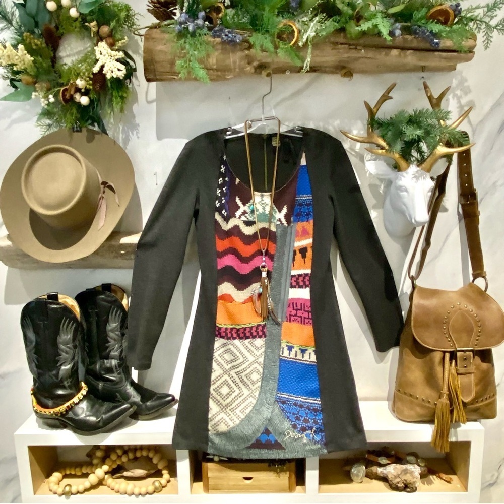 Anthropologie DESIGUAL patchwork dress w hippy vibe